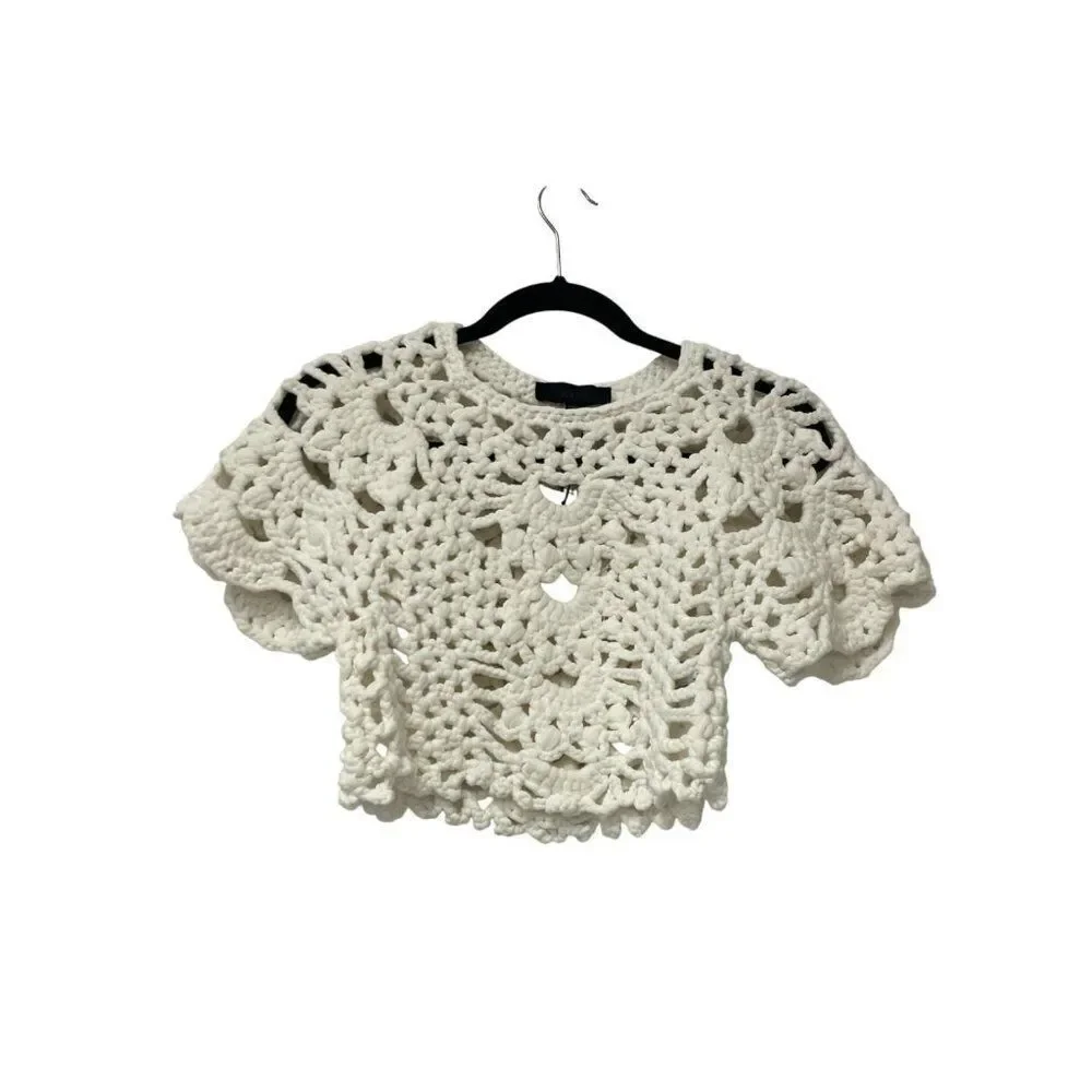 Zara Womens Top Shirt XS S White Short Sleeve Crochet Cropped 0021/024 NWT